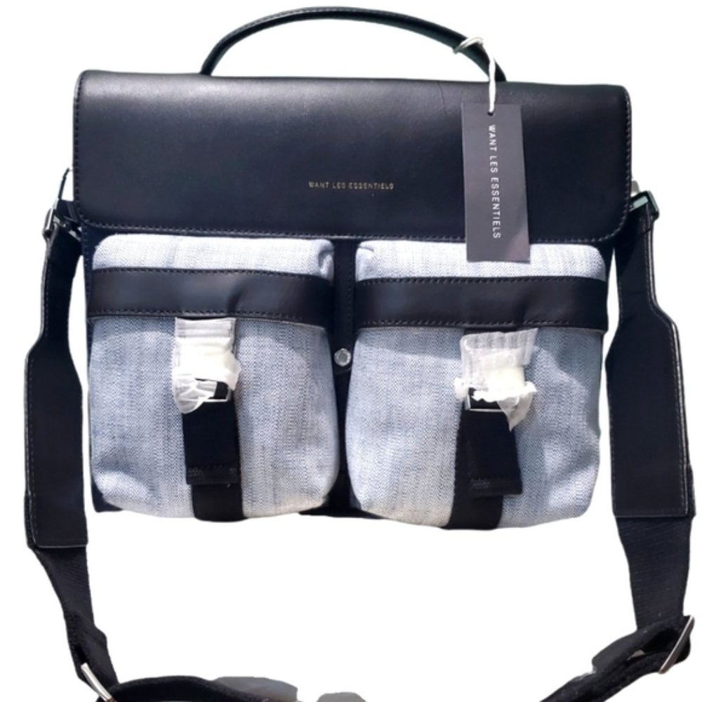 NWT WANT LES ESSENTIELS Durham Navy Black Leather Trimmed Canvas Shoulder Bag